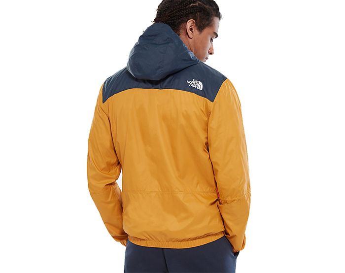 blue and yellow north face jacket
