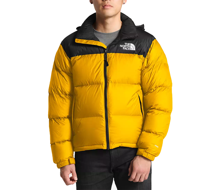 orange north face puffer jacket